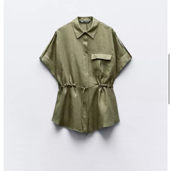 Zara Tops - Zara Linen Top Olive Green Drawstring Waist Shirt Large